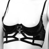 Women's Open Cup Bra Tops Wet Look Patent Leather Lingerie Quarter Cup Strappy Underwired Bra