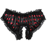 Sissy Underwear Shiny Satin Ruffled Lace Trim Polka Dots Open Crotch Brief