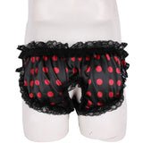 Sissy Underwear Shiny Satin Ruffled Lace Trim Polka Dots Open Crotch Brief