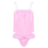 Sissy Lingerie Set Soft Shiny Satin Tops with Ruffled Bikini Briefs
