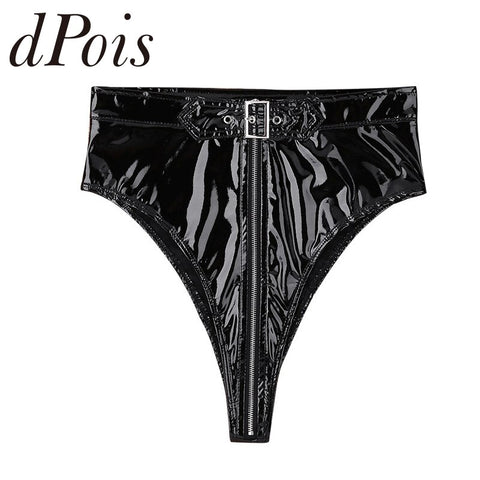 Women Soft Smooth PVC Zipper Bikini Bottoms with Belt High Waist Panties
