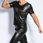 Men's Faux Leather Mesh Short Sleeve Tops&  PVC Leather Trousers