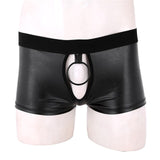 Soft Shiny Leather Open Crotch Shorts Underwear Open Butt boxer Shorts with Front Hole