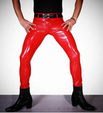 Sexy Men High Elastic Blue PVC Shiny Pencil Pants Tight Faux Leather Zipper Front Fashion