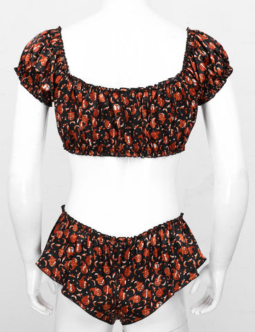 Pumpkin Print  Sissy Lingerie Set Off Shoulder Short Sleeves Crop Top with High Waist Underwear Panties