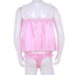 Sissy Lingerie Set Soft Shiny Satin Tops with Ruffled Bikini Briefs