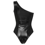 Sexy Black Wet Look Faux Leather Teddy Zipper One Shoulder jumpsuit