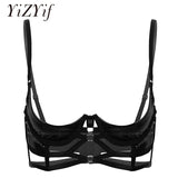 Women's Open Cup Bra Tops Wet Look Patent Leather Lingerie Quarter Cup Strappy Underwired Bra