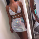 Wet Look Slim Holographic 2 piece Tube Top and Mini Skirt