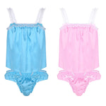 Sissy Lingerie Set Soft Shiny Satin Tops with Ruffled Bikini Briefs