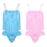 Sissy Lingerie Set Soft Shiny Satin Tops with Ruffled Bikini Briefs