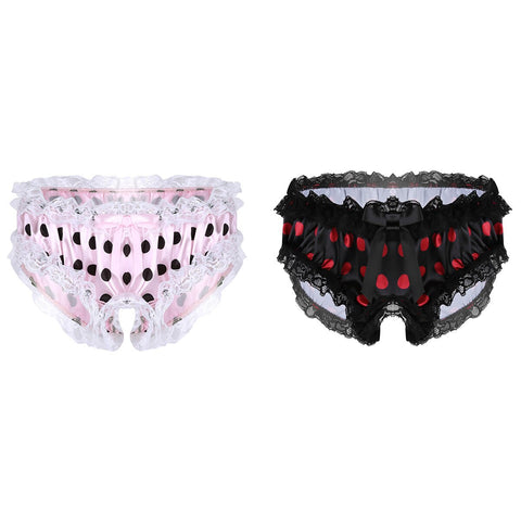Sissy Underwear Shiny Satin Ruffled Lace Trim Polka Dots Open Crotch Brief
