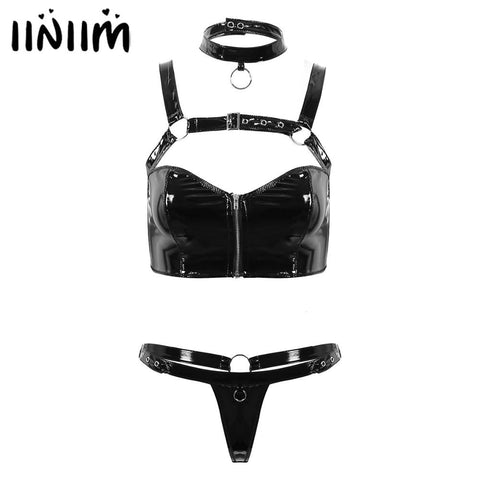 Leather Lingerie Set V Neck Zippered Crop Top with G-string Thong Briefs and Choker