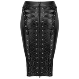 Womens Knee Length Zipper Wet Look  Black PU Leather Skirt