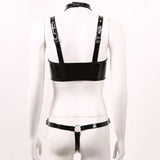 Leather Lingerie Set V Neck Zippered Crop Top with G-string Thong Briefs and Choker