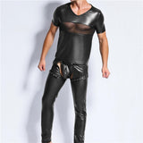 Men's Faux Leather Mesh Short Sleeve Tops&  PVC Leather Trousers