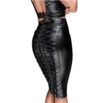 Womens Knee Length Zipper Wet Look  Black PU Leather Skirt