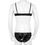 Wetlook Jockstraps Ruffled Spaghetti Strap Bra Top with Briefs