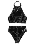 Wet Look Patent Leather Lingerie Set Crop Top with High Cut Zippered Crotch Briefs