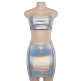 Wet Look Slim Holographic 2 piece Tube Top and Mini Skirt