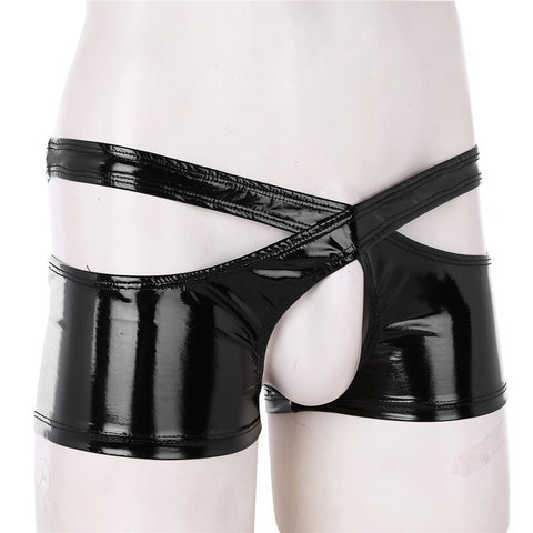 Wetlook Faux Leather Low Rise Open Crotch Two Symmetrical Halves Boxer Shorts