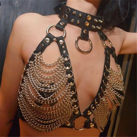 Faux Leather Link Chains Hollow Out Tank Tops Goth Metal O Rings Rivets