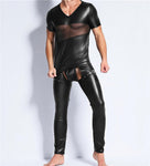 Men's Faux Leather Mesh Short Sleeve Tops&  PVC Leather Trousers