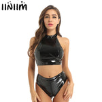 Wet Look Patent Leather Lingerie Set Crop Top with High Cut Zippered Crotch Briefs