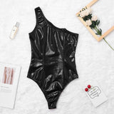 Sexy Black Wet Look Faux Leather Teddy Zipper One Shoulder jumpsuit