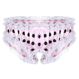 Sissy Underwear Shiny Satin Ruffled Lace Trim Polka Dots Open Crotch Brief