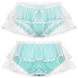 Smooth Satin Mid Rise with Elastic Waistband Double Mesh Layers Lace Trim Panties