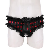 Sissy Underwear Shiny Satin Ruffled Lace Trim Polka Dots Open Crotch Brief