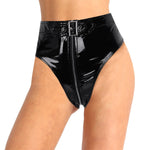 Women Soft Smooth PVC Zipper Bikini Bottoms with Belt High Waist Panties