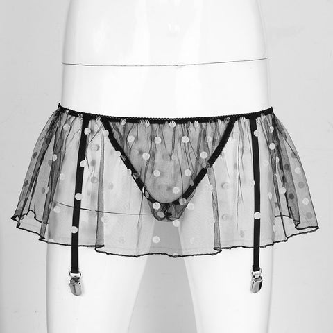 Sissy Polka Dots See Through Mesh Lingerie High Waist Mini Skirt with Metal Garters