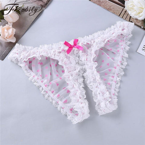Ruffled Lace Trim Sweat-heart Pattern See Through Sissy Open Crotch Briefs