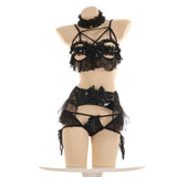 Kawaii Lingerie  Lace Hollow Underwear Set PIU Leather Bow Outfit