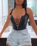 Lace-Up PU Leather Corset Bodysuit