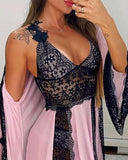 Lace Mesh Backless Babydoll With Cardigan