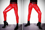 Sexy Men High Elastic Blue PVC Shiny Pencil Pants Tight Faux Leather Zipper Front Fashion