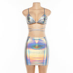 Wet Look Slim Holographic 2 piece Tube Top and Mini Skirt