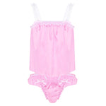 Sissy Lingerie Set Soft Shiny Satin Tops with Ruffled Bikini Briefs