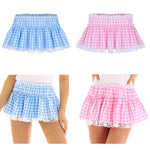 Unisex Adult Elastic Waistband  Short Skirt with Lace Hem Pleated Gingham A-line
