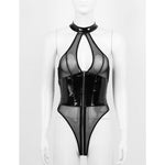 One-piece Sexy Wet Look Patent Leather Sheer Mesh Splice Lingerie Halter Neck Breast Hollow Out High Cut Leotard Bodysuit