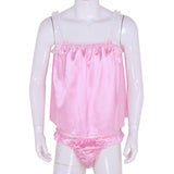 Sissy Lingerie Set Soft Shiny Satin Tops with Ruffled Bikini Briefs