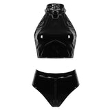 Wet Look Patent Leather Lingerie Set Crop Top with High Cut Zippered Crotch Briefs