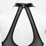 One-piece Sexy Wet Look Patent Leather Sheer Mesh Splice Lingerie Halter Neck Breast Hollow Out High Cut Leotard Bodysuit