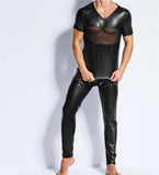 Men's Faux Leather Mesh Short Sleeve Tops&  PVC Leather Trousers