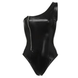 Sexy Black Wet Look Faux Leather Teddy Zipper One Shoulder jumpsuit