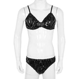 Wetlook Jockstraps Ruffled Spaghetti Strap Bra Top with Briefs