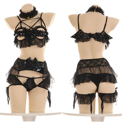 Kawaii Lingerie  Lace Hollow Underwear Set PIU Leather Bow Outfit